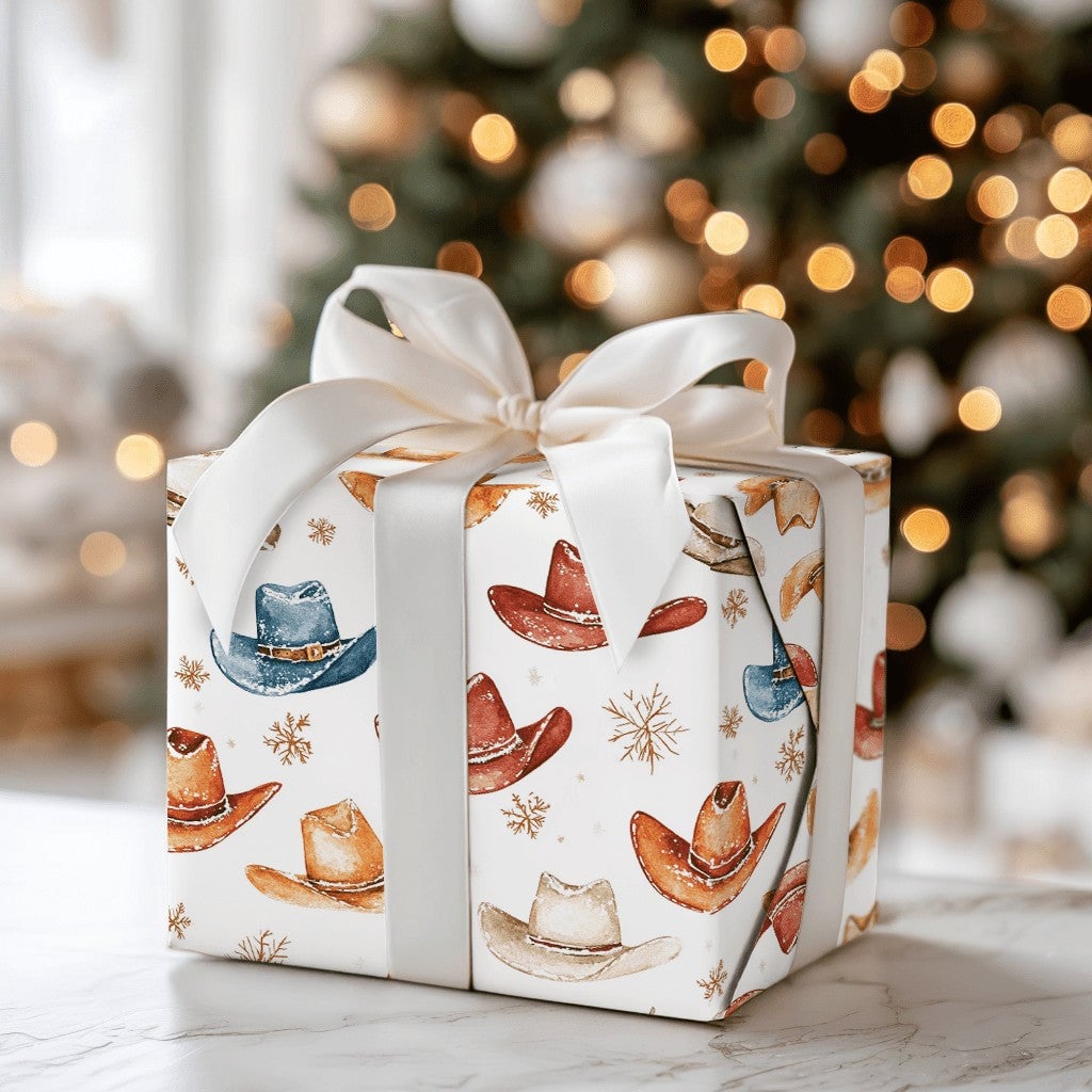 Western Holiday Gift Wrap, Watercolor Cowboy Hat Wrapping Paper, Rustic Country Christmas Present Wrap, Snowflake Festive Pre