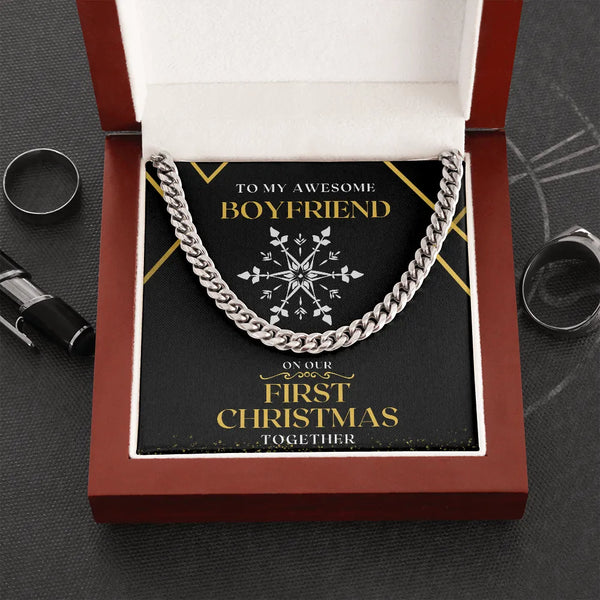 Polished Stainless Steel Mens Chain, First Christmas Boyfriend Cuban Link Chain Necklace, Mens Cuban Necklace, Holiday Keepsa