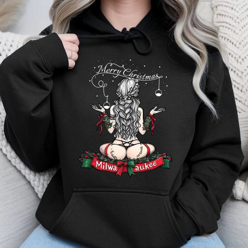 Risque Pin-Up Holiday Graphic Sweatshirt, Milwaukee Christmas Hoodie, Humorous Tool Enthusiast Xmas Pullover, Retro Mechanic 