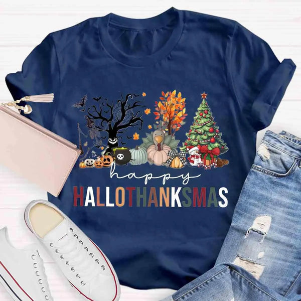 Halloween Fall Christmas Shirt, Hallothanksmas T-Shirt, Humorous Holiday Season Graphic Tee, Adorable Autumn Xmas T-Shirt, Pr