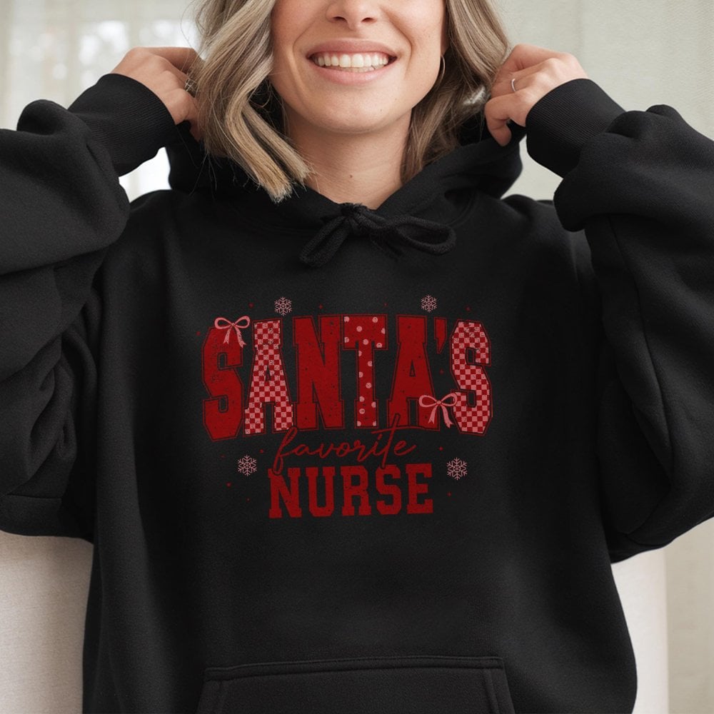Plaid Nurse Christmas Sweatshirt, Santa's Favorite Nurse Hoodie, Humorous Nurse Holiday Pullover Hoodie, Xmas Healthcare Work