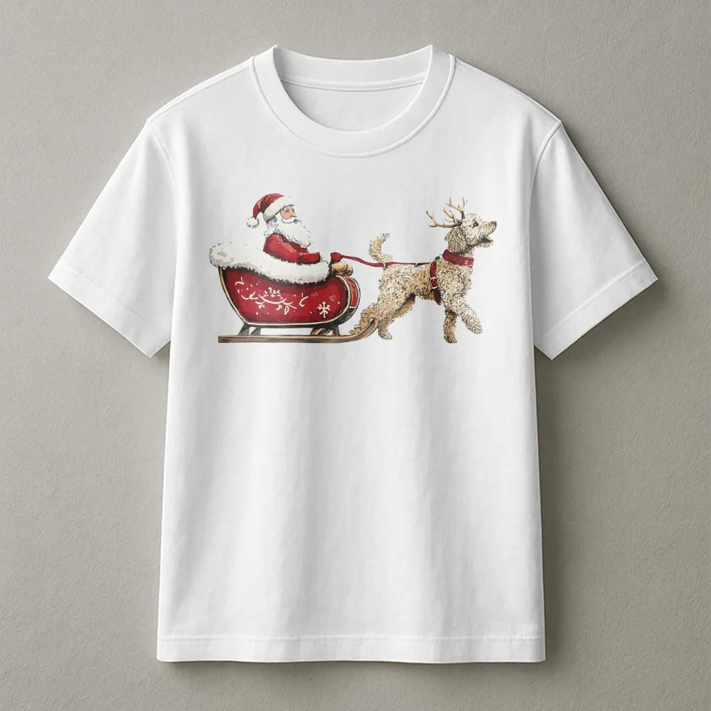 Santa Claus Sleigh Doodle Dog Graphic Tee, Goldendoodle Christmas T-Shirt, Humorous Dog Lover Xmas Shirt, Adorable Winter Pet