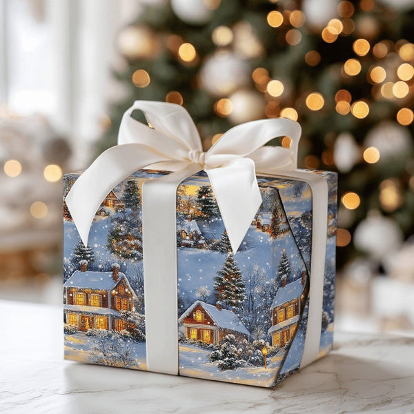 Snowy Winter Landscape Gift Wrap, Christmas Village Wrapping Paper, Comfy Cottage Holiday Wrapping Paper, Traditional Winter 