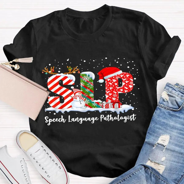 Speech Language Pathologist Tee, SLP Snowman Christmas Shirt, Holiday Speech Therapist T-Shirt, Winter SLP Graphic Tee, Speec