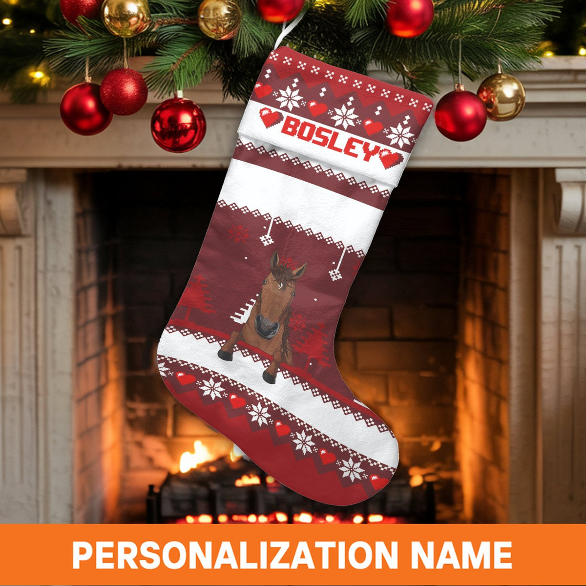 Fair Isle Velboa Stocking, Personalized Horse Christmas Stocking, Custom Name Equestrian Holiday Decor, Fireplace Christmas S