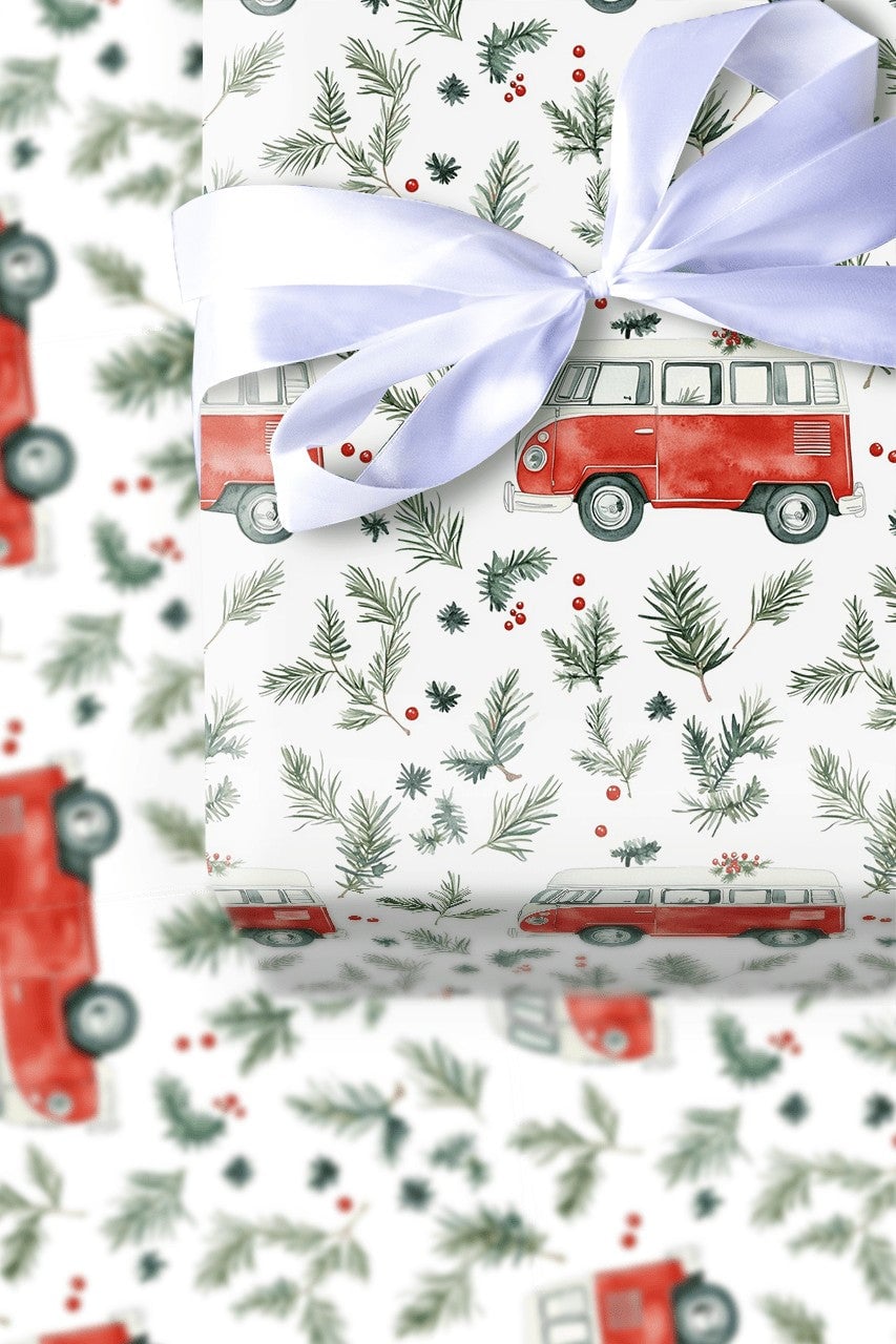 Retro Camper Van Gift Wrap, Vintage Red Camper Wrapping Paper, Christmas Camper Holiday Paper Roll, Winter Greenery Gift Wrap