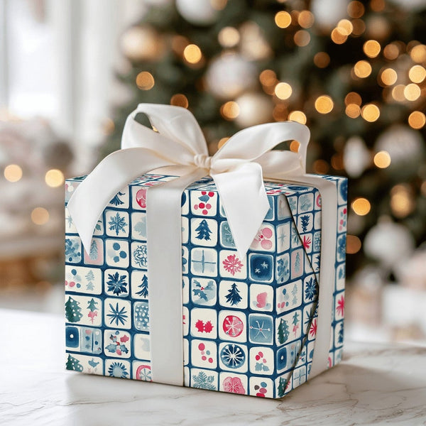 Folk Art Tile Gift Wrap, Scandinavian Christmas Wrapping Paper, Watercolor Tree Snowflake Wrapping Paper, Nordic Holiday Gift