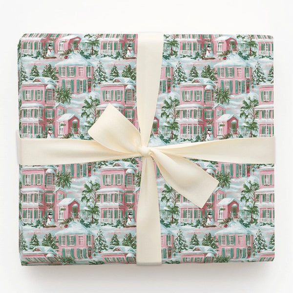 Pink Southern House Gift Wrap, Coastal Christmas Wrapping Paper, Palm Tree Holiday Wrapping Paper, Beach Xmas Gift Wrap, Wint
