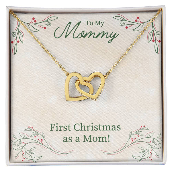 Cubic Zirconia Heart Pendant, First Christmas as A Mom Interlocking Hearts Necklace, Surgical Steel Holiday Keepsake Jewelry 