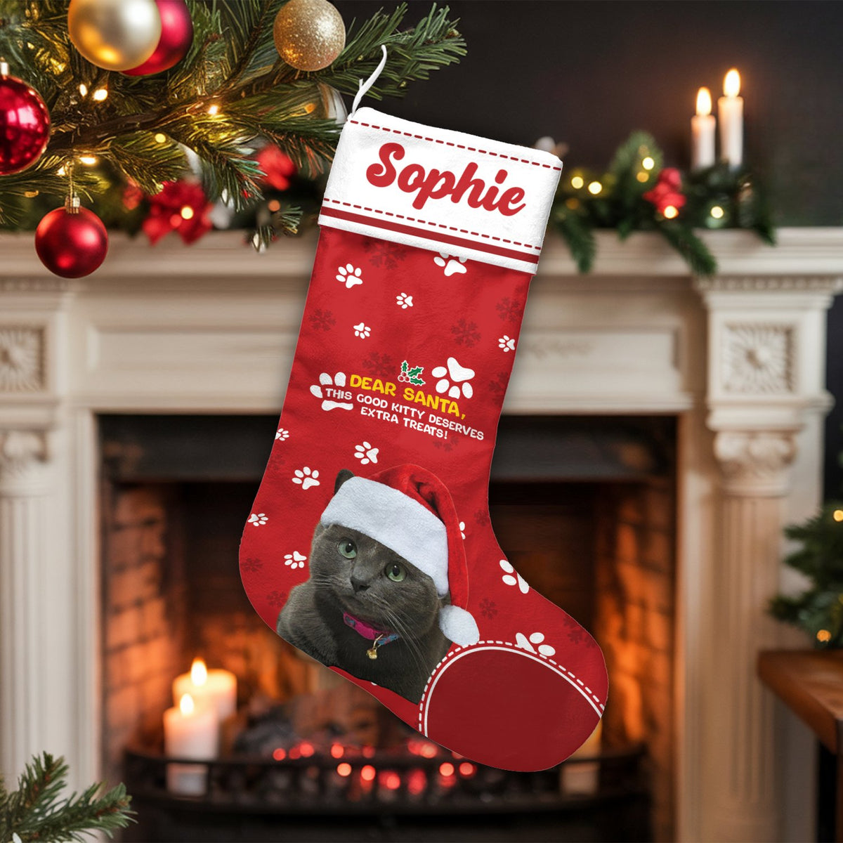 Custom Photo Cat Holiday Stocking, Personalized Cat Christmas Stocking, Pet Lover Christmas Stocking, Adorable Kitten Firepla