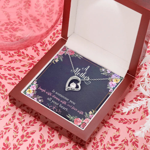 Floral Message Card Pendant, Forever Love Heart Necklace for Mom, 14k White Gold Cubic Zirconia Necklace, Birthday Christmas 