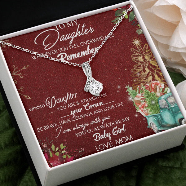 CZ Holiday Ribbon Pendant, To My Daughter Christmas Necklace, 14k White Gold Stainless Steel Jewelry, Meaningful Xmas Present