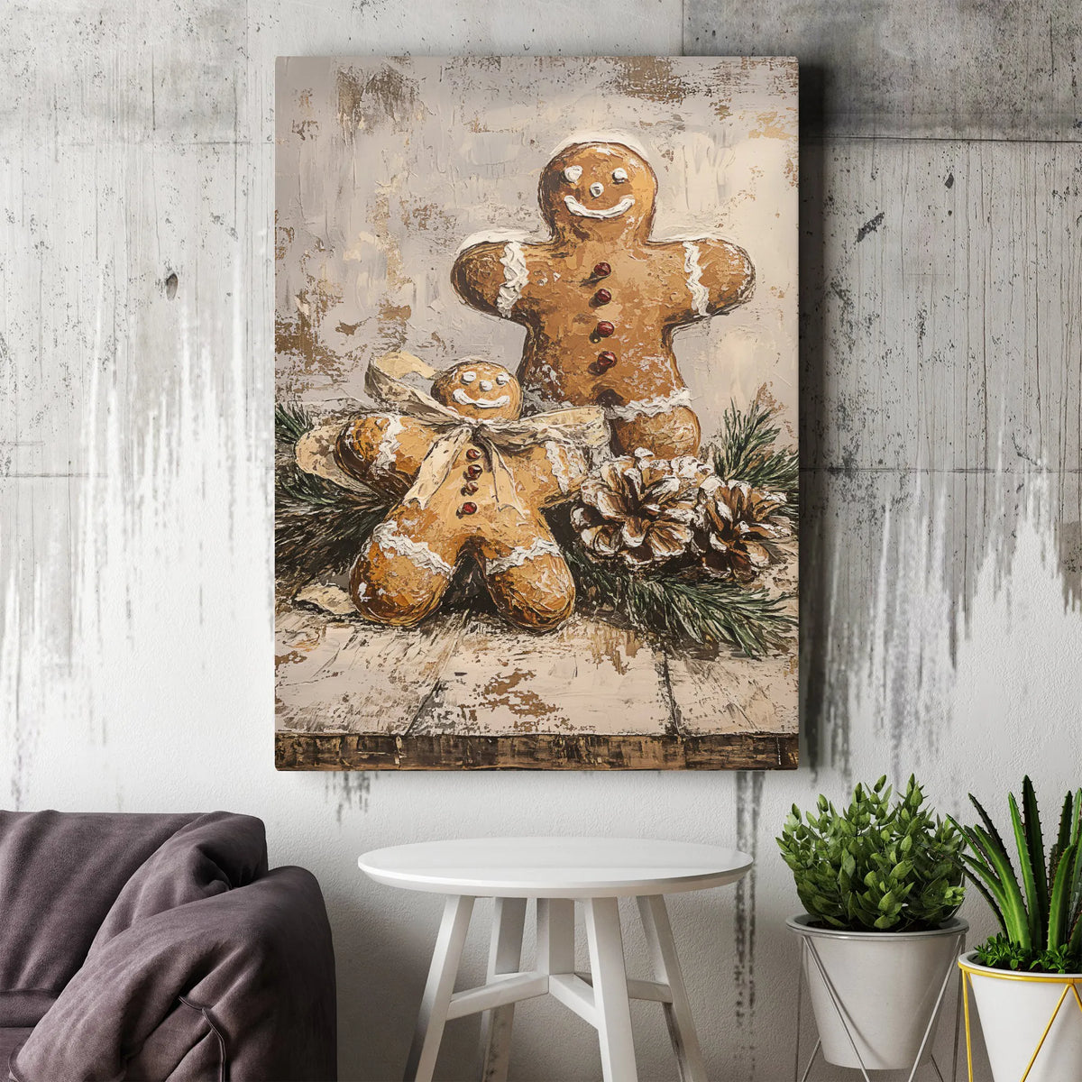 Rustic Christmas Kitchen Canvas Print, Gingerbread Men Canvas Wall Art, Impasto Holiday Wall Art, Festive Winter Baker Canvas