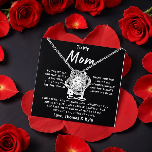 Rotating Rose Box Love Knot Pendant, Mom Love Knot Necklace, CZ Crystal Love Knot Jewelry, Birthday and Christmas Present for
