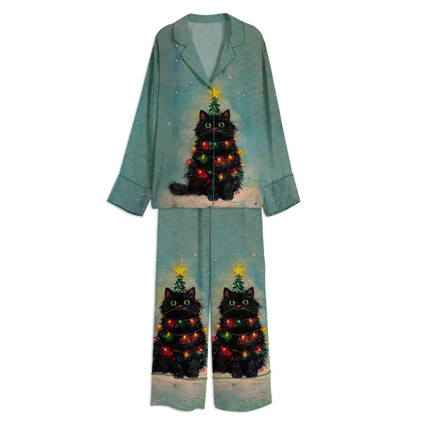 Long Sleeve Holiday Cat Pajamas, Black Cat Christmas Tree Satin Pajama Set, Winter Festive Kitten Sleepwear, Silky Cat Lover 