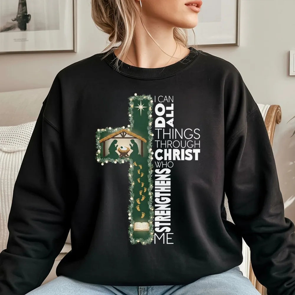 Nativity Cross Sweatshirt, I Can Do All Things Through Christ Sweatshirt, Christian Bible Verse Crewneck, Faith Christmas Swe