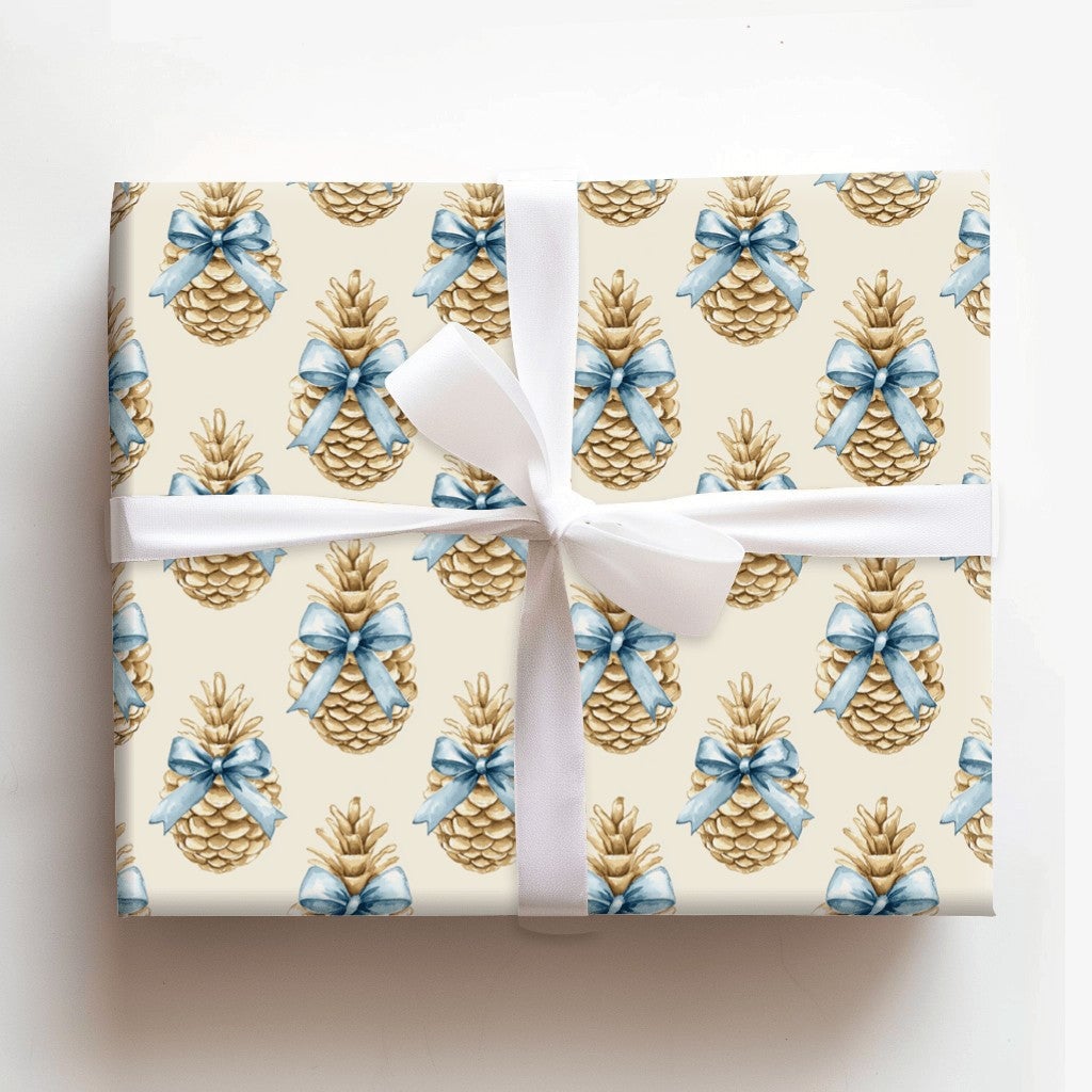Blue Bow Winter Gift Wrap, Rustic Pinecone Christmas Wrapping Paper, Watercolor Pinecone Wrapping Paper, Elegant Holiday Gift