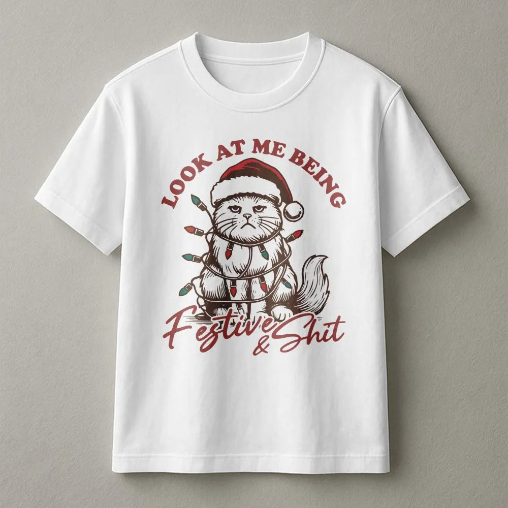Grumpy Holiday Kitty Tee, Humorous Christmas Cat T-Shirt, Sarcastic Festive Graphic Shirt, Xmas Cat Lover Present for Men and