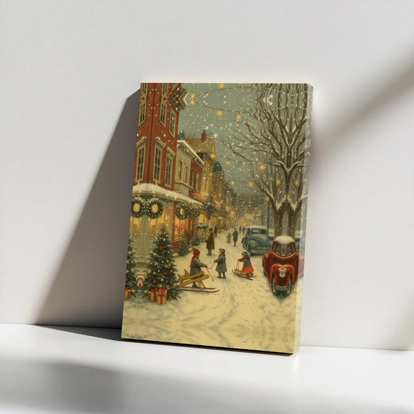 Snowy Winter Village Canvas Print, Vintage Christmas Town Canvas Wall Art, Festive Street Scene Canvas Decor, Holiday Wall De