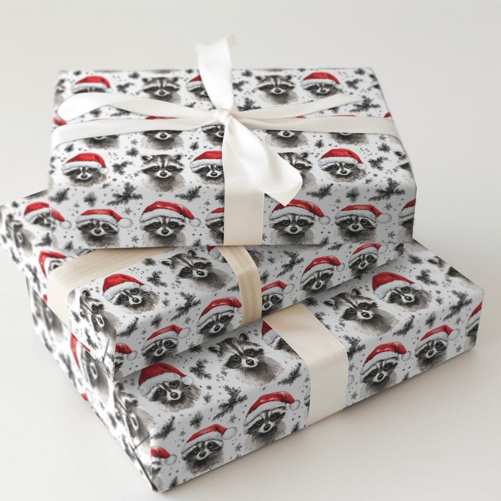 Santa Hat Raccoon Gift Wrap, Christmas Raccoon Wrapping Paper, Woodland Animal Holiday Wrapping Paper, Adorable Watercolor Xm