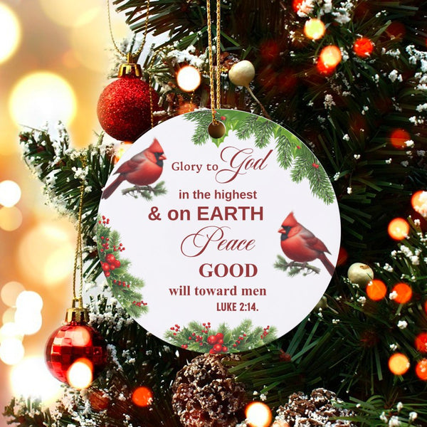 Luke 2:14 Cardinal Bird Ornament, Glory to God Christmas Ornament, Ceramic Bible Verse Keepsake, Christian Holiday Tree Decor