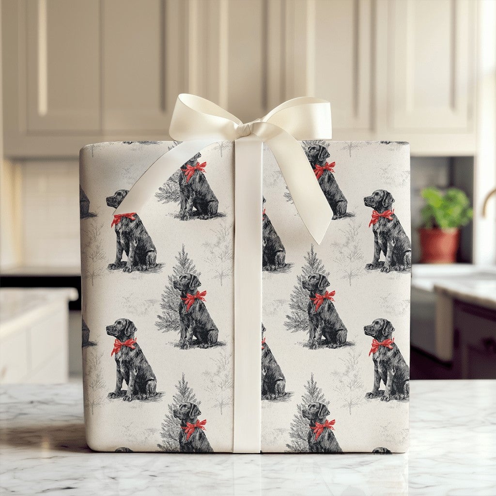 Vintage Dog Holiday Gift Wrap, Black Labrador Christmas Wrapping Paper, Retro Lab Pine Tree Wrapping Paper, Pet Lover Gift Wr
