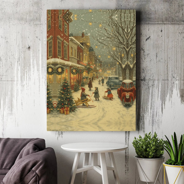 Snowy Winter Village Canvas Print, Vintage Christmas Town Canvas Wall Art, Festive Street Scene Canvas Decor, Holiday Wall De
