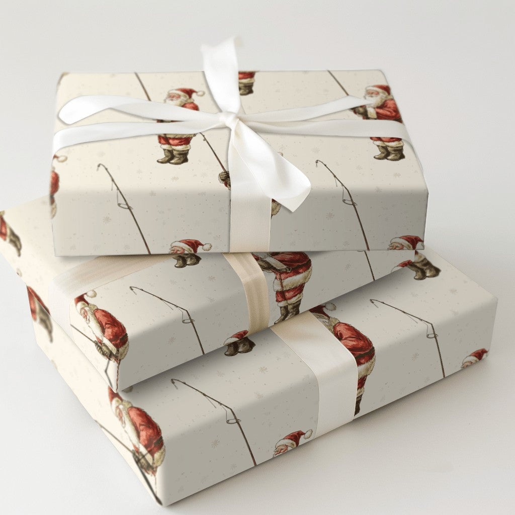 Vintage Angler Christmas Gift Wrap, Fishing Santa Claus Wrapping Paper, Fisherman Holiday Wrapping Paper, Outdoor Sportsman P