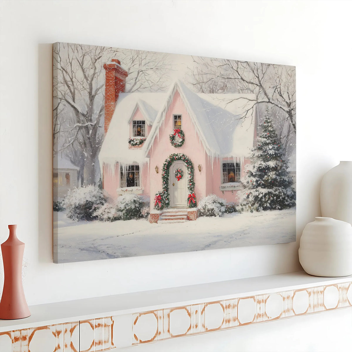 Snowy Winter Scene Art Print, Pink Christmas Cottage Canvas Wall Art, Comfy Holiday Cottage Wall Decor, Xmas Home Present Dig
