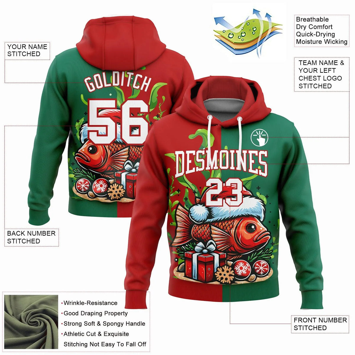 3D Fish Angler Pullover Hoodie, Custom Christmas Carp Fishing Hoodie, Personalized Name Number Sweatshirt, Fisherman Holiday 