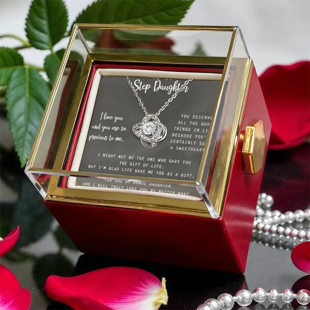 Love Knot Necklace with Rotating Rose Box, Step Daughter Present, Gold Finish Love Knot Pendant Jewelry, Birthday Christmas P