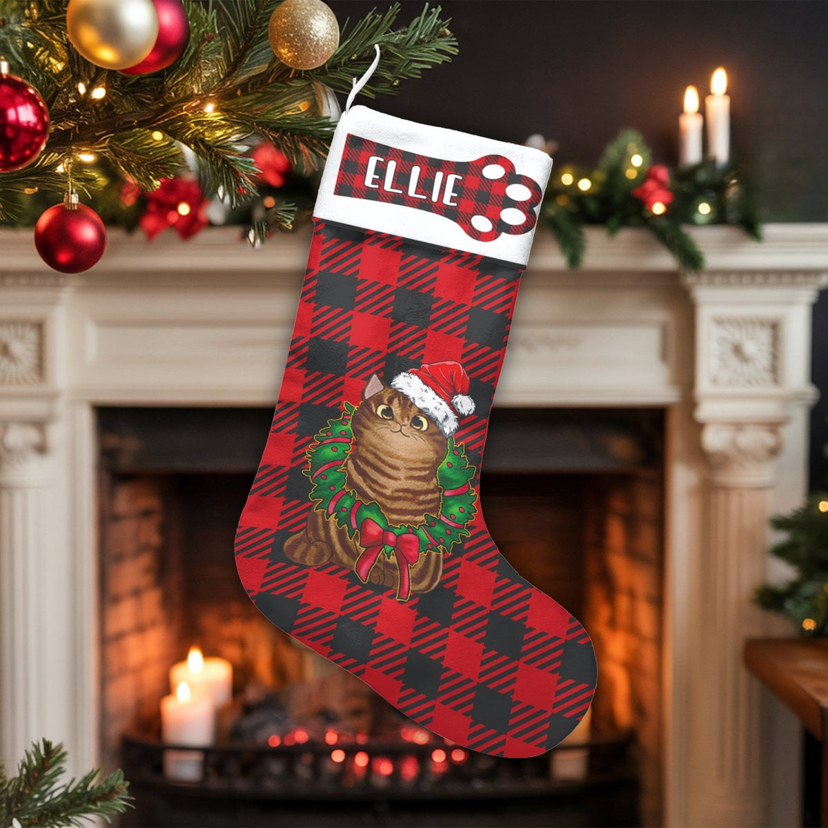 Red Buffalo Plaid Cat Stocking, Personalized Cat Christmas Stocking, Custom Pet Name Holiday Stocking, Comfy Fireplace Decor,