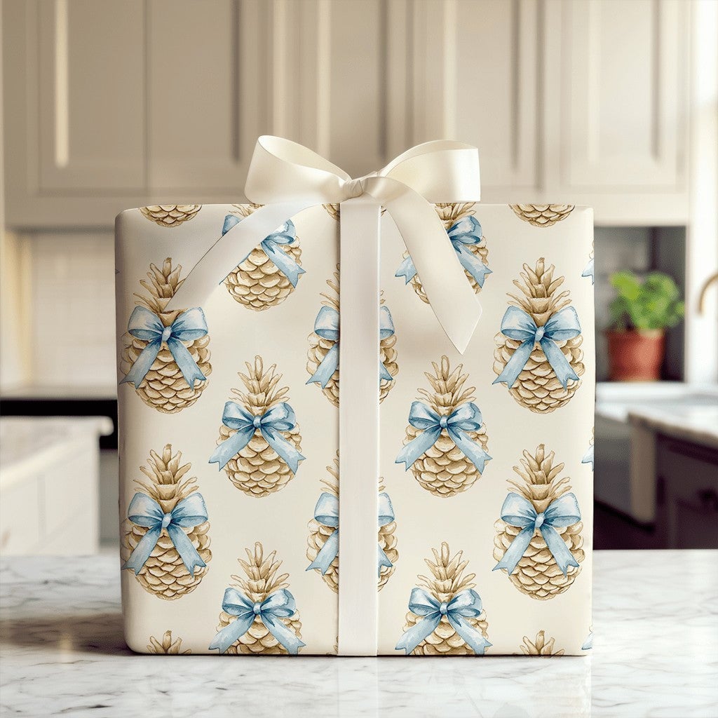 Blue Bow Winter Gift Wrap, Rustic Pinecone Christmas Wrapping Paper, Watercolor Pinecone Wrapping Paper, Elegant Holiday Gift