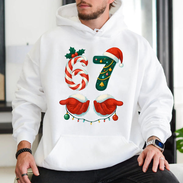 Candy Cane Holiday Sweatshirt, 67 Christmas Hoodie, Humorous Gen Alpha Meme Xmas Pullover, Sarcastic Teen Holiday Hooded Swea