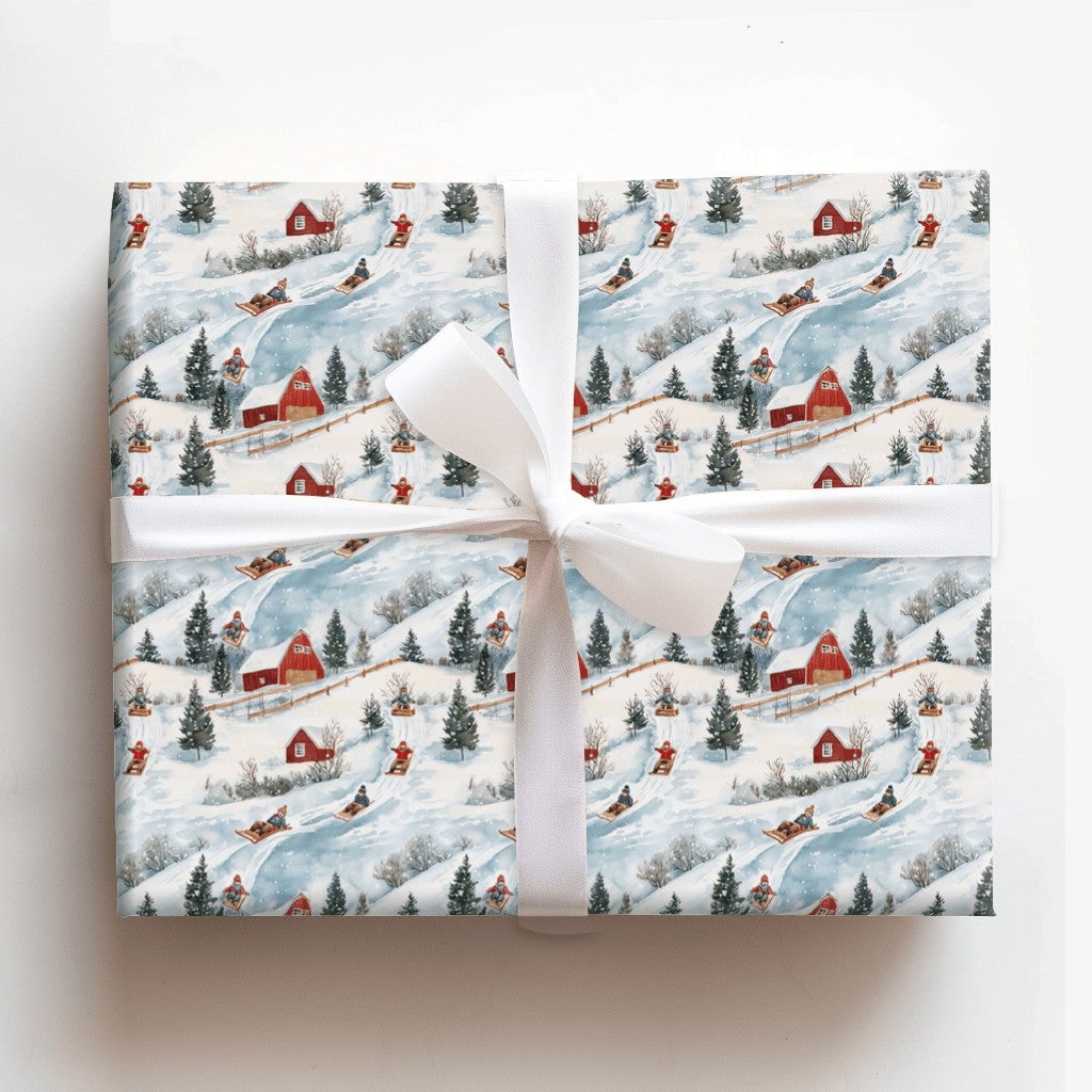 Rustic Red Barn Christmas Gift Wrap, Winter Sledding Wrapping Paper, Country Snow Scene Wrapping Paper, Festive Holiday Prese