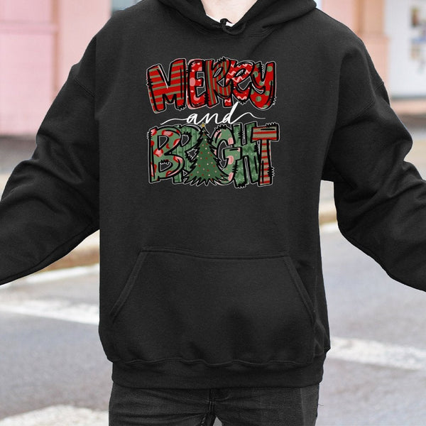 Plaid Festive Tree Graphic Sweatshirt, Merry and Bright Christmas Hoodie, Comfy Holiday Season Pullover, Winter Xmas Hooded S