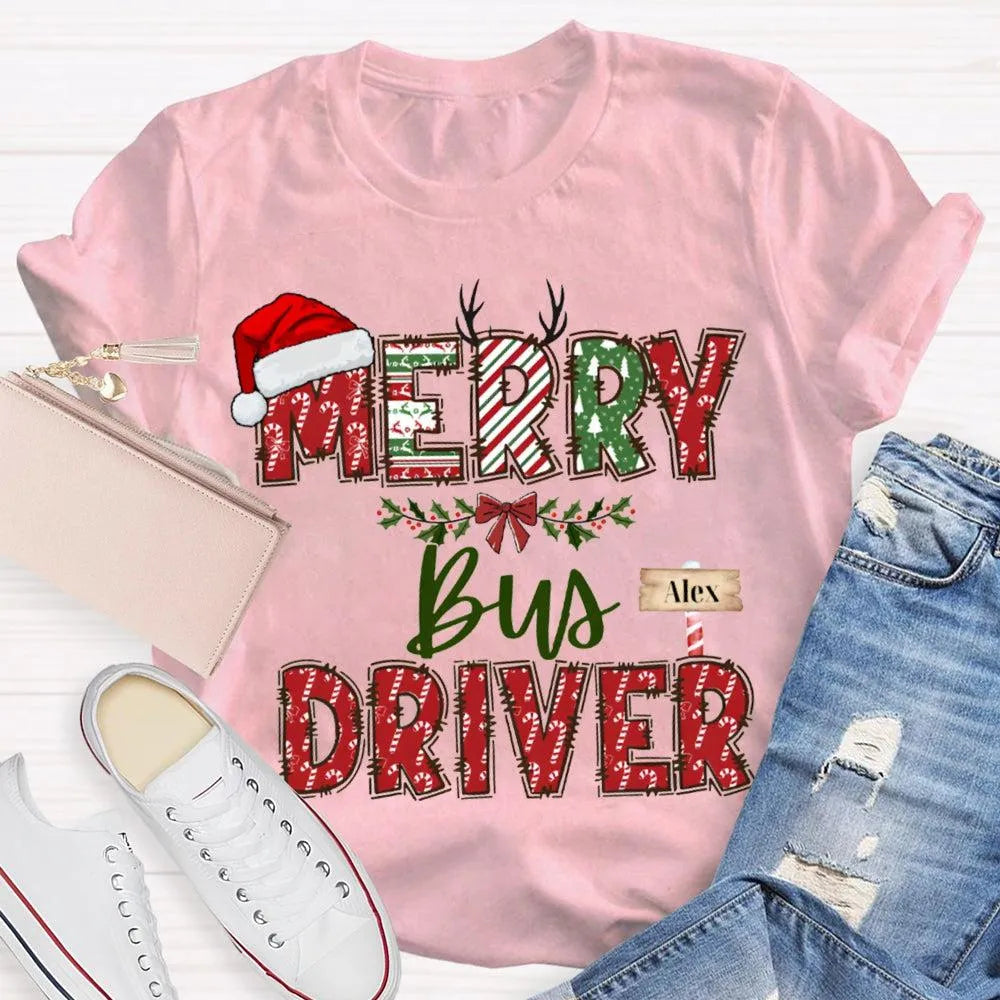 Custom Santa Hat Holiday Graphic Tee, Personalized Bus Driver Christmas T-Shirt, Merry Christmas Driver Shirt, Adorable Xmas 