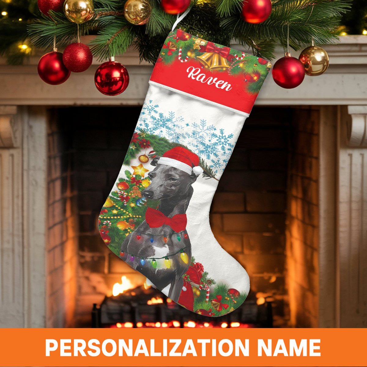 Custom Name Dog Lover Holiday Stocking, Personalized Greyhound Christmas Stocking, Adorable Sighthound Winter Stocking, Firep