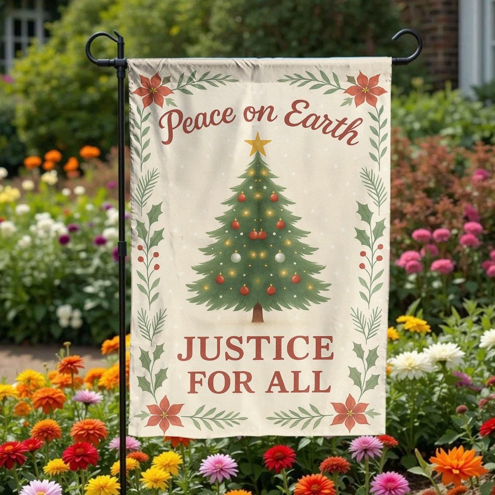Christmas Tree Floral Yard Flag, Peace on Earth Justice for All Garden Flag, Poinsettia Holiday Garden Flag, Festive Outdoor 
