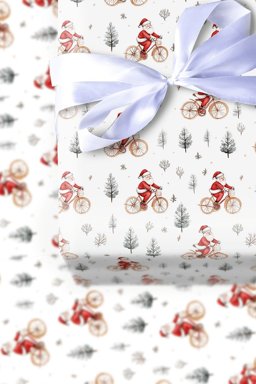 Winter Forest Gift Wrap, Santa on Bicycle Wrapping Paper, Watercolor Christmas Wrapping Paper, Holiday Gift Wrap, Xmas Presen