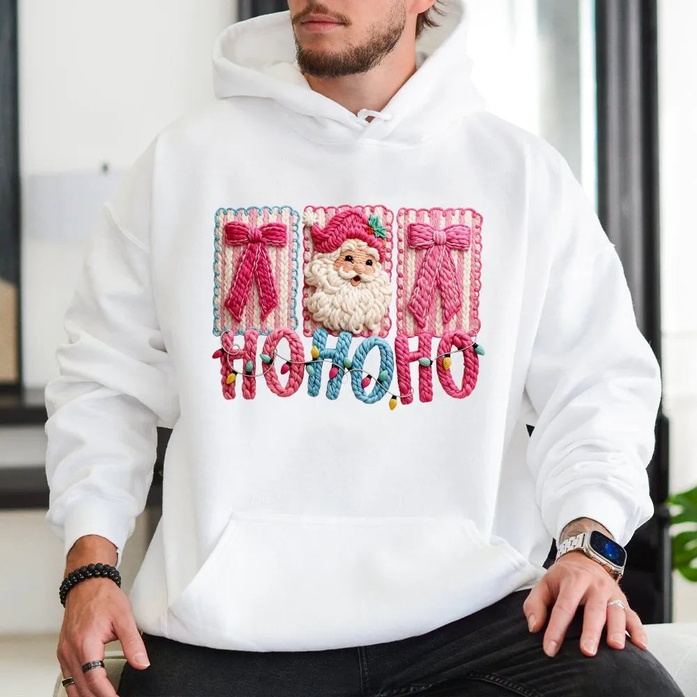 Faux Yarn Christmas Hoodie, Santa Claus Ho Ho Ho Hoodie, Retro Santa Sweatshirt, Holiday Santa Claus Pullover, Winter Xmas Pr