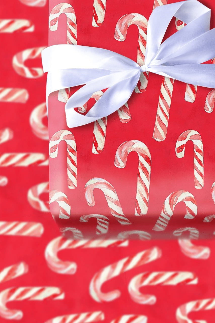 Red Christmas Gift Wrap, Watercolor Candy Cane Wrapping Paper, Festive Holiday Wrapping Paper, Classic Xmas Present Paper Rol