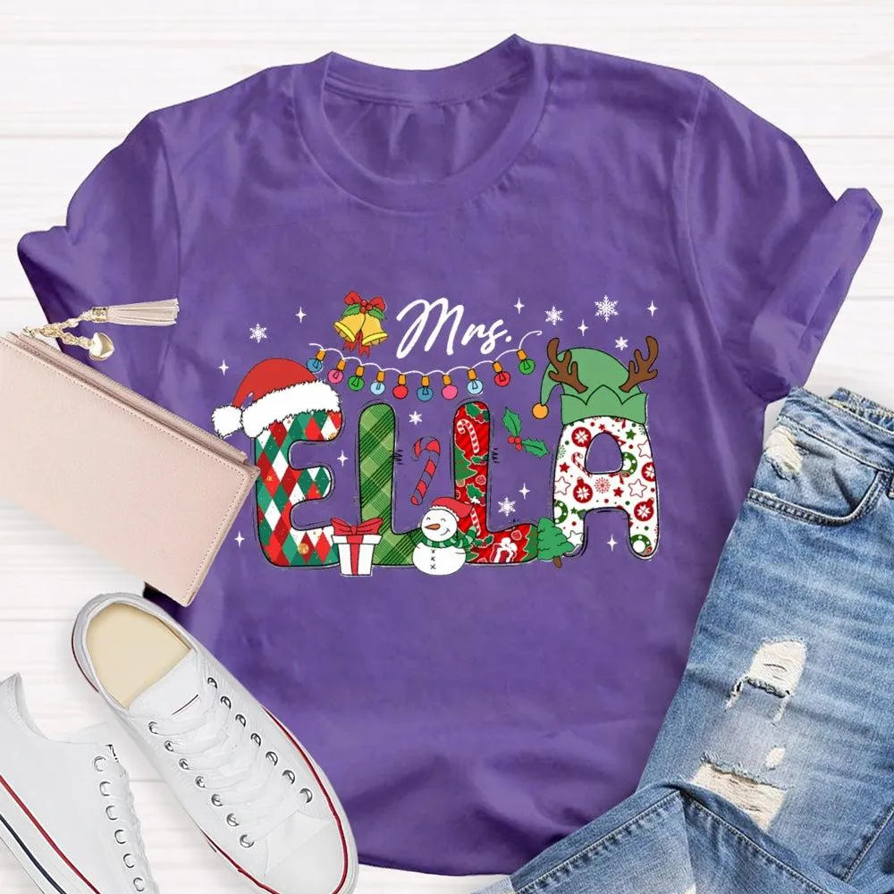 Custom Name Holiday Lights Tee, Personalized Christmas Snowman T-Shirt, Adorable Winter Xmas Shirt, Matching Family Christmas