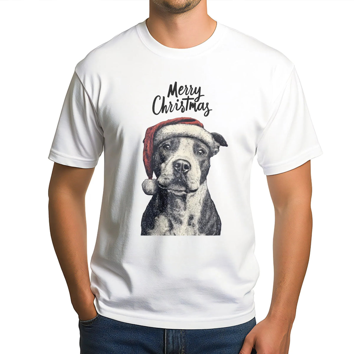 American Pit Bull Terrier in Santa Hat Graphic Tee, Pitbull Christmas T-Shirt, Adorable Dog Mom Holiday T-Shirt, Xmas Pet Lov