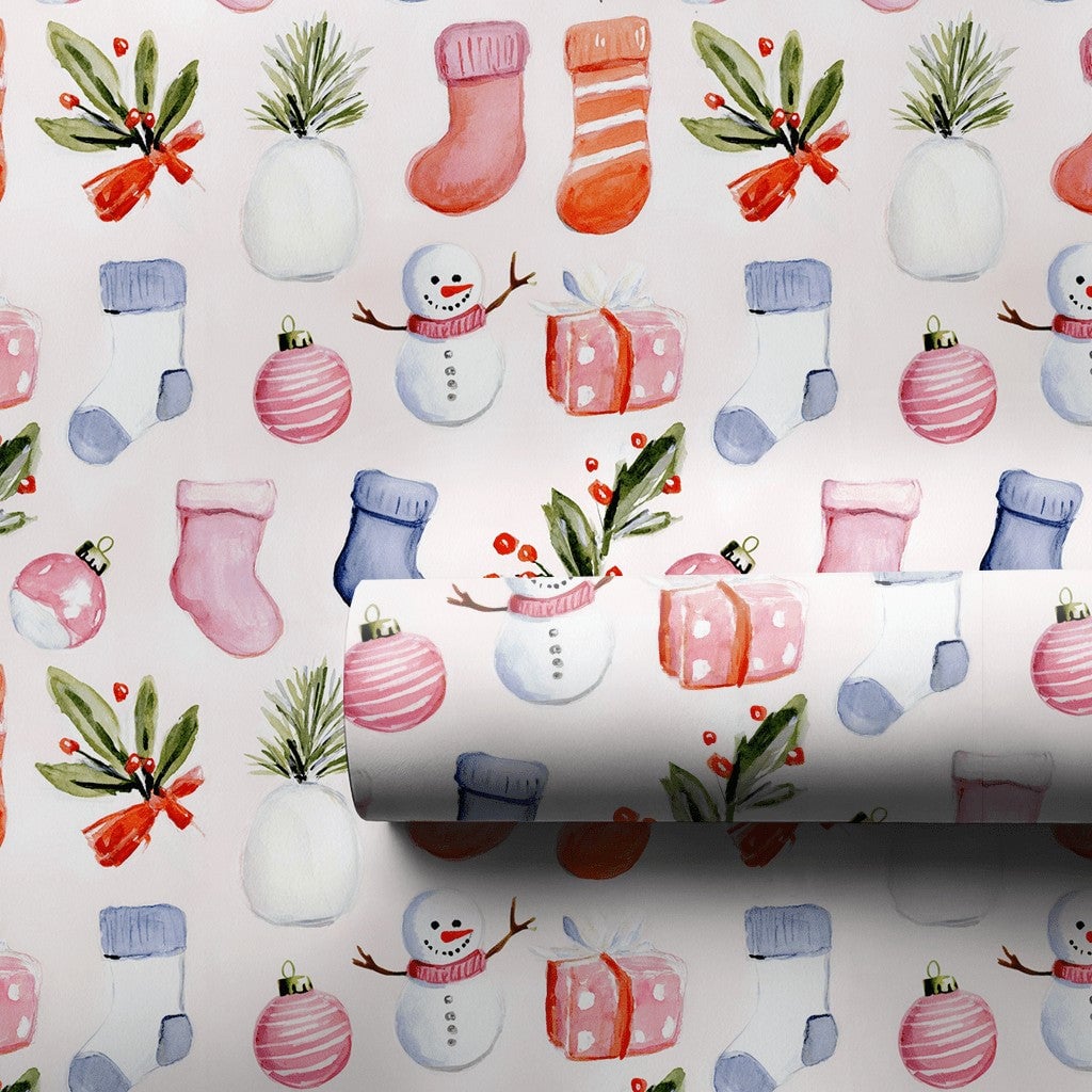 Christmas Icons Wrapping Paper, Watercolor Snowman Stocking Wrapping Paper, Festive Holiday Wrapping Paper Roll, Winter Prese