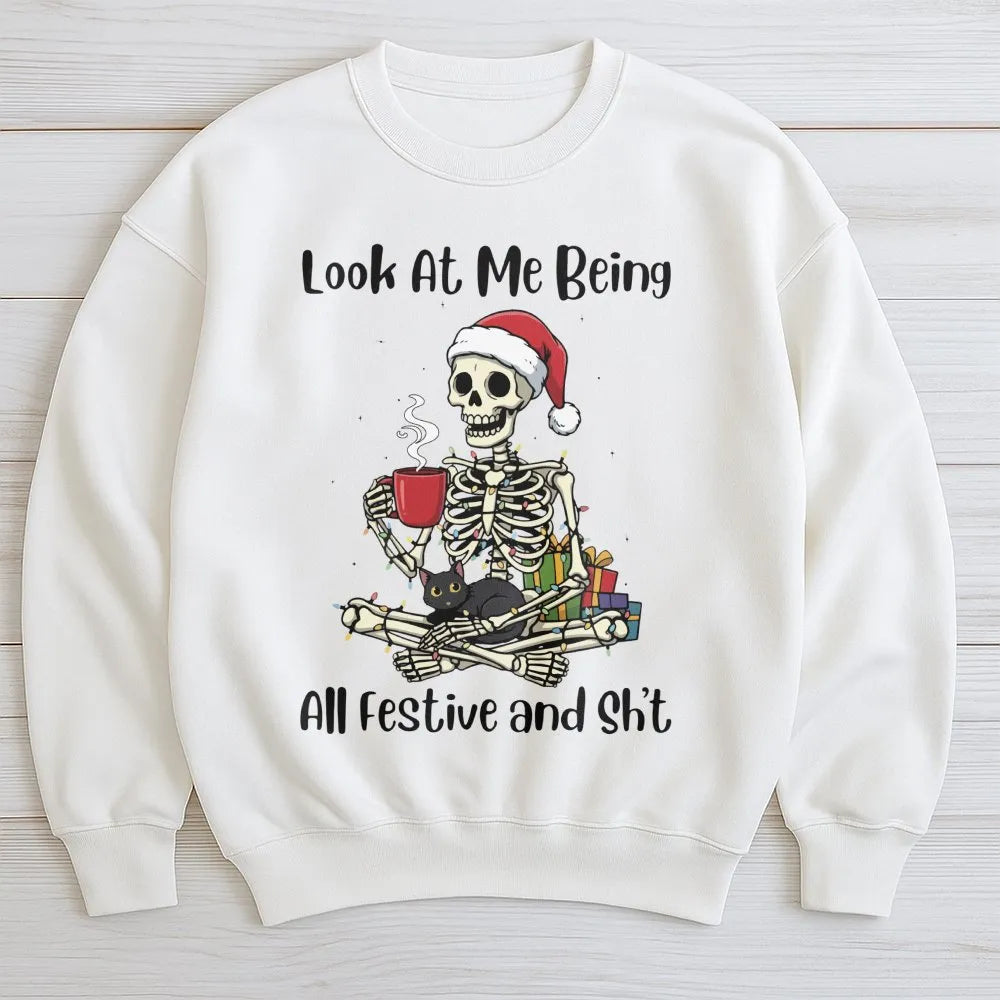 Festive Cat Lover Skeleton Sweater, Humorous Christmas Skeleton Sweatshirt, Spooky Xmas Skeleton Crewneck, Retro Winter Holid