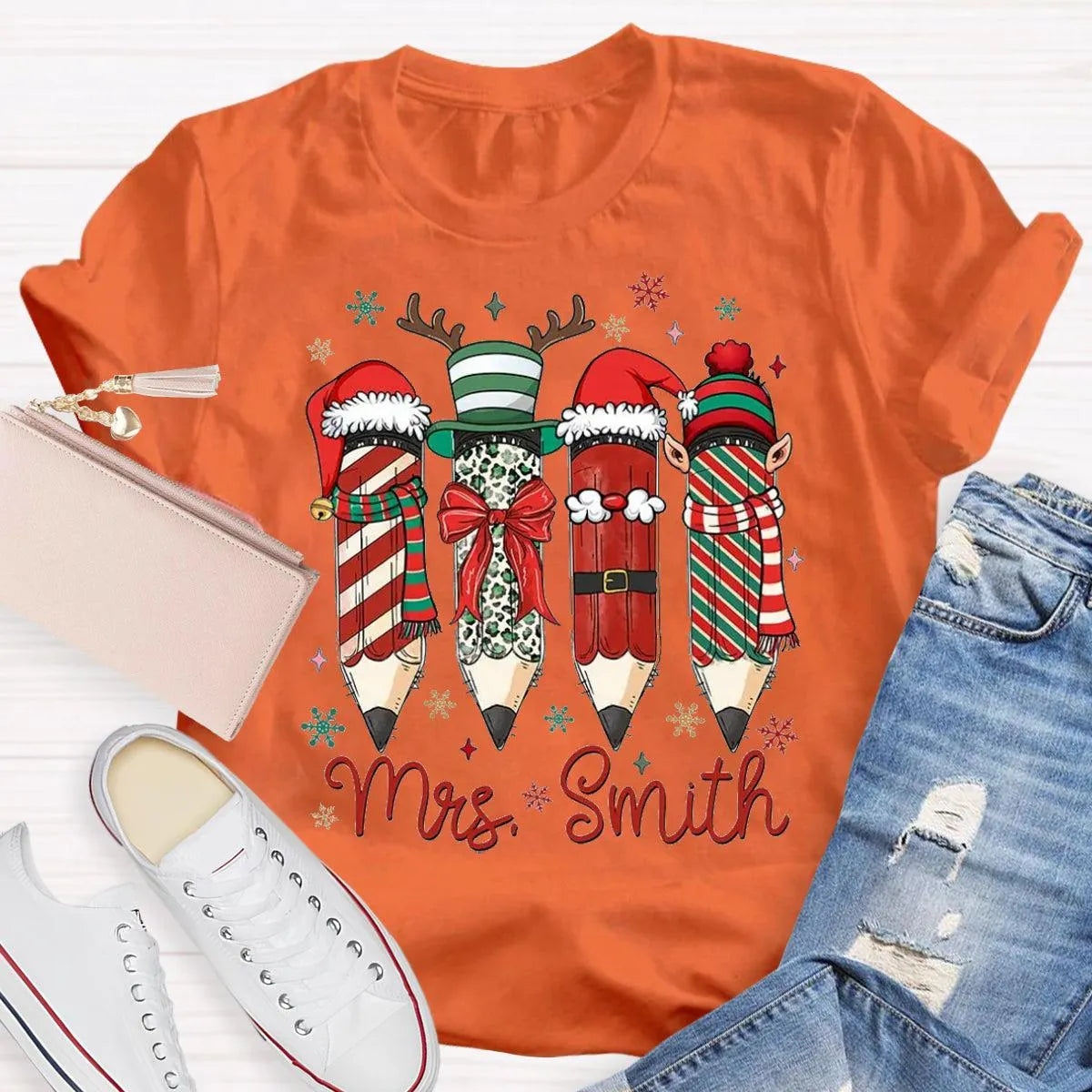 Adorable Pencil Holiday T-Shirt, Personalized Teacher Christmas Shirt, Custom Teacher Tee, Festive School Graphic Shirt, Holi