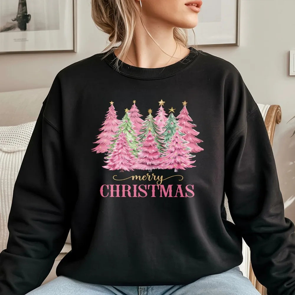 Aesthetic Holiday Graphic Sweater, Pink Christmas Tree Sweatshirt, Pastel Winter Tree Crewneck Sweatshirt, Adorable Xmas Swea