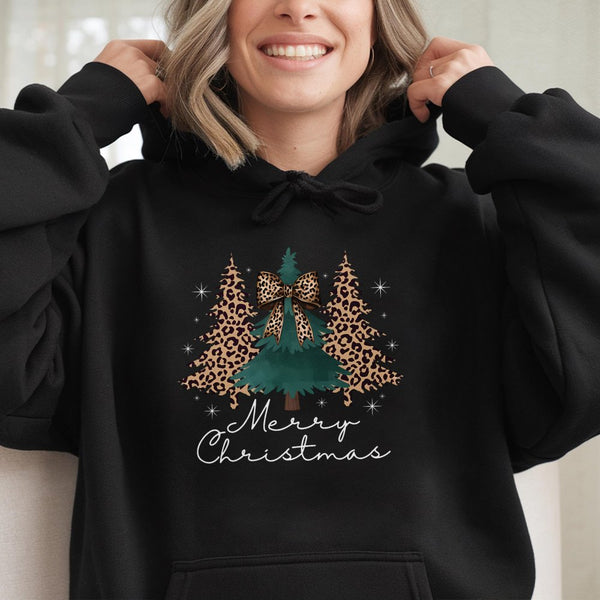 Coquette Bow Holiday Hoodie, Leopard Print Christmas Tree Hoodie, Adorable Xmas Tree Graphic Hoodie, Trendy Winter Sweatshirt