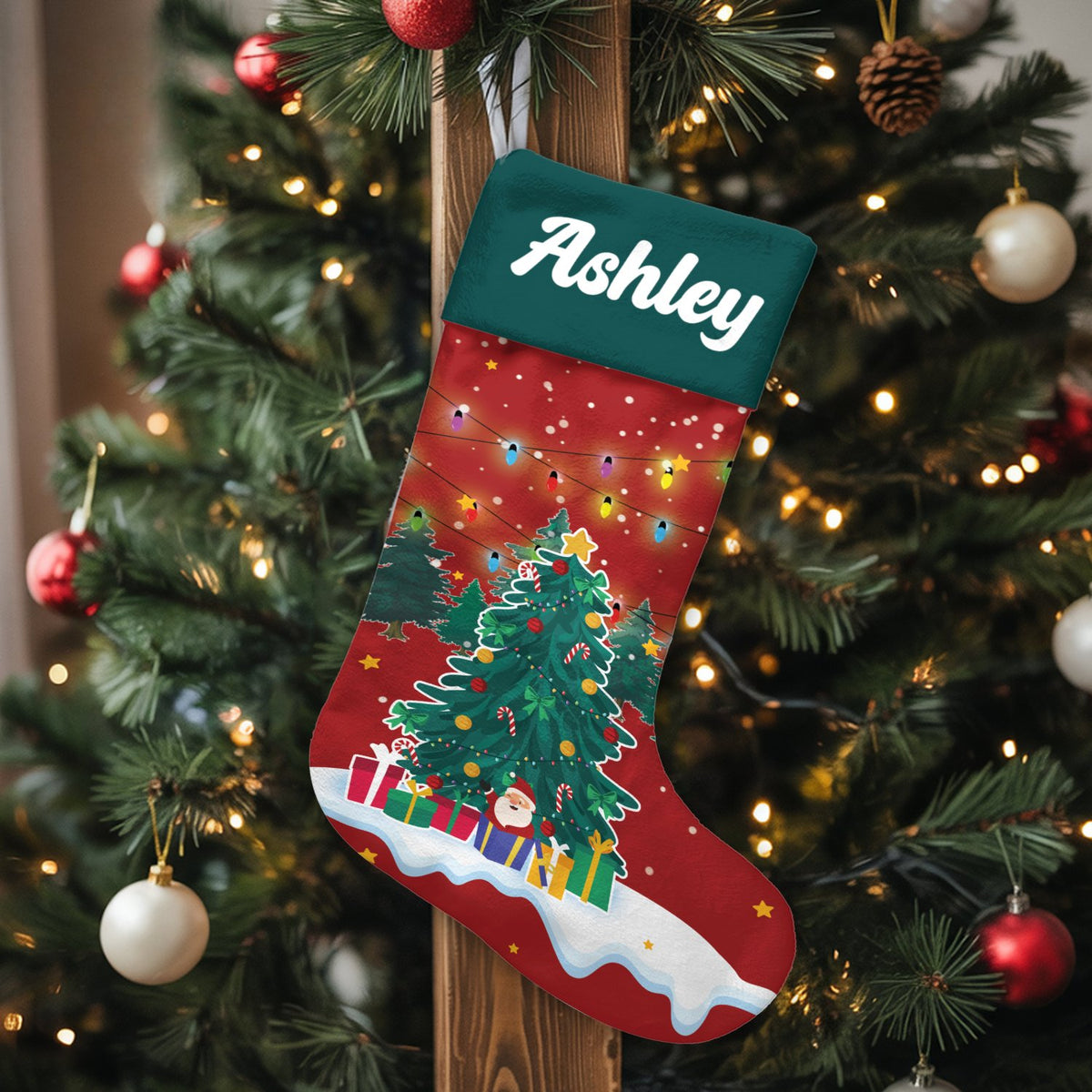 Custom Name Holiday Stocking, Personalized Santa Christmas Stocking, Christmas Tree Mantle Decor, Velboa Velvet Stocking, Fam